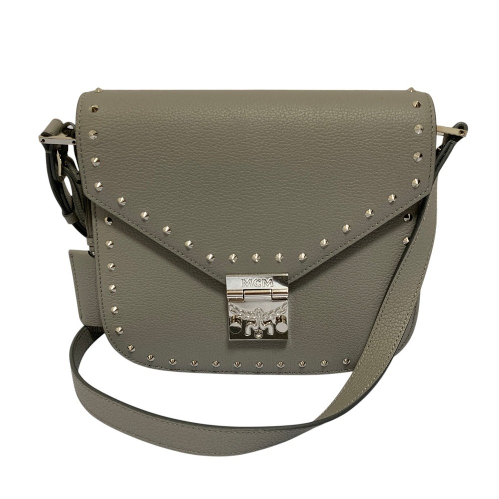 MCM Studded Leather Shoulder Bag, Gray, Women's